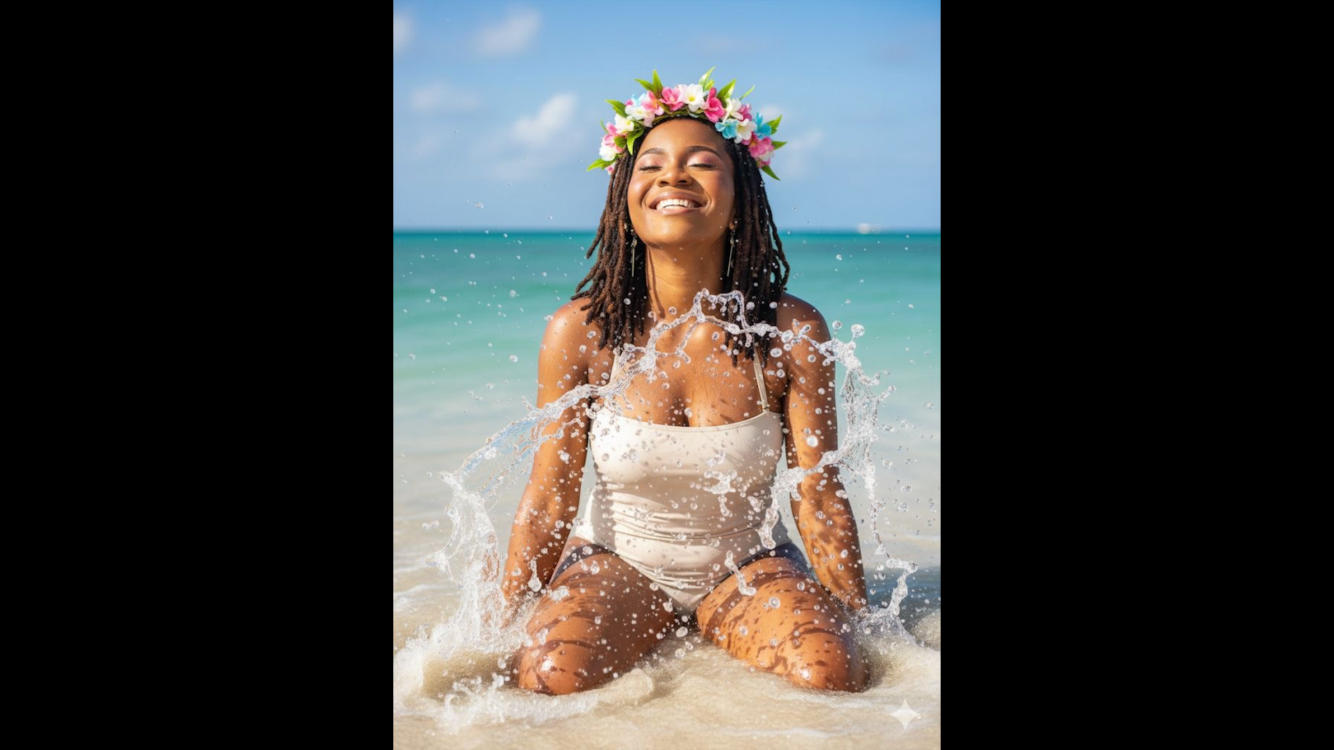 Femme souriante en maillot blanc sur la plage tropicale avec couronne de fleurs