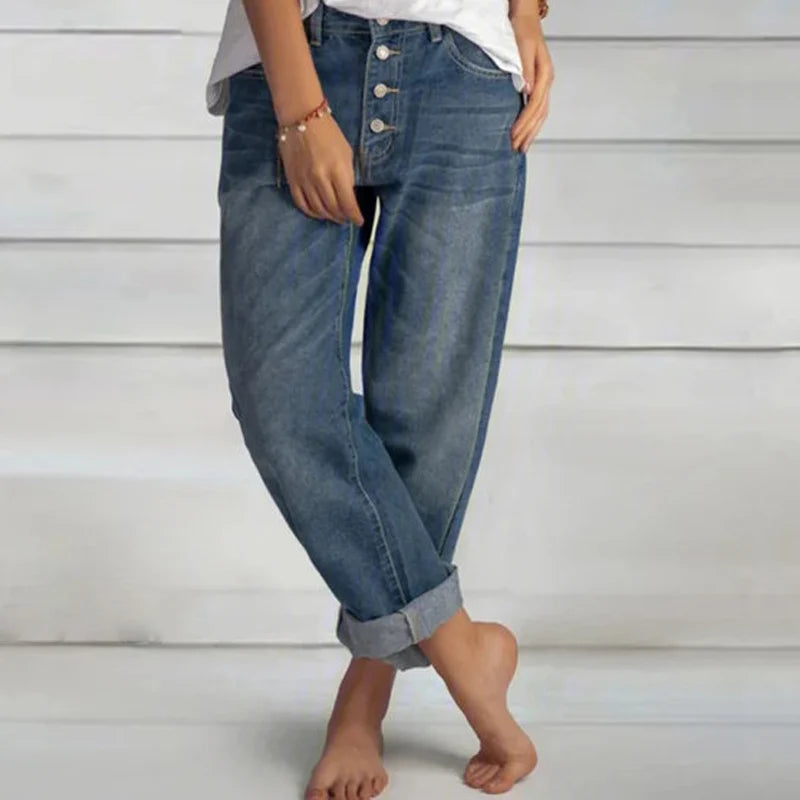 Jean Large Boyfriend Femme Taille Haute – Coupe Droite Loose Rétro Casual