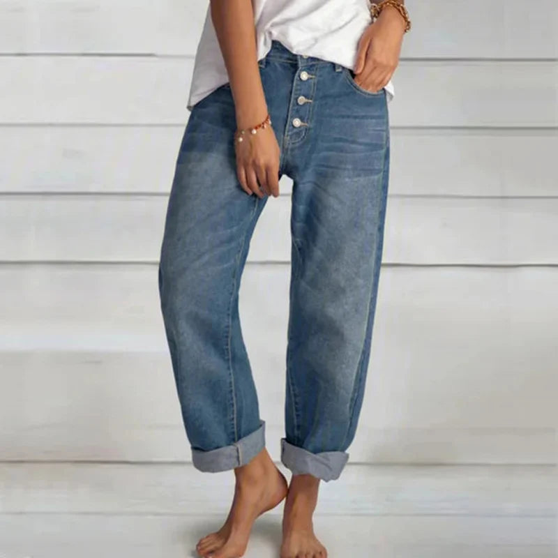 Jean Large Boyfriend Femme Taille Haute – Coupe Droite Loose Rétro Casual