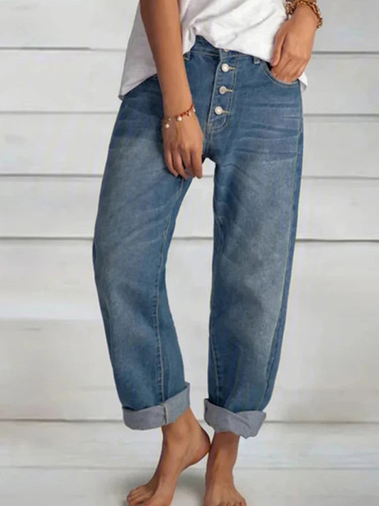 Jean Large Boyfriend Femme Taille Haute – Coupe Droite Loose Rétro Casual