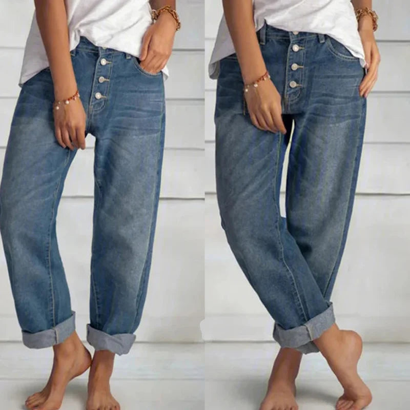 Jean Large Boyfriend Femme Taille Haute – Coupe Droite Loose Rétro Casual