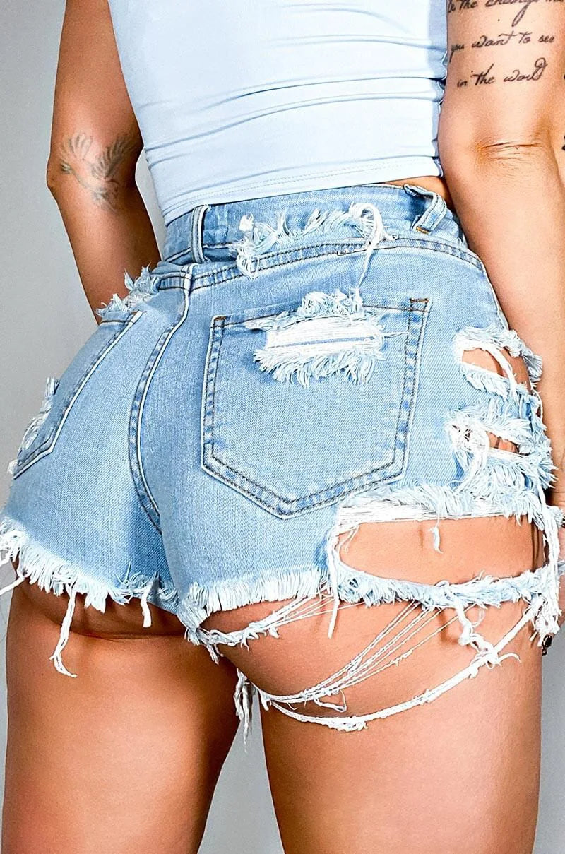 Short Jean Destroyé Taille Haute Femme – Franges Irrégulières Style Sexy