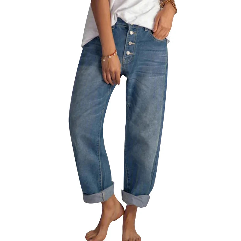 Jean Large Boyfriend Femme Taille Haute – Coupe Droite Loose Rétro Casual