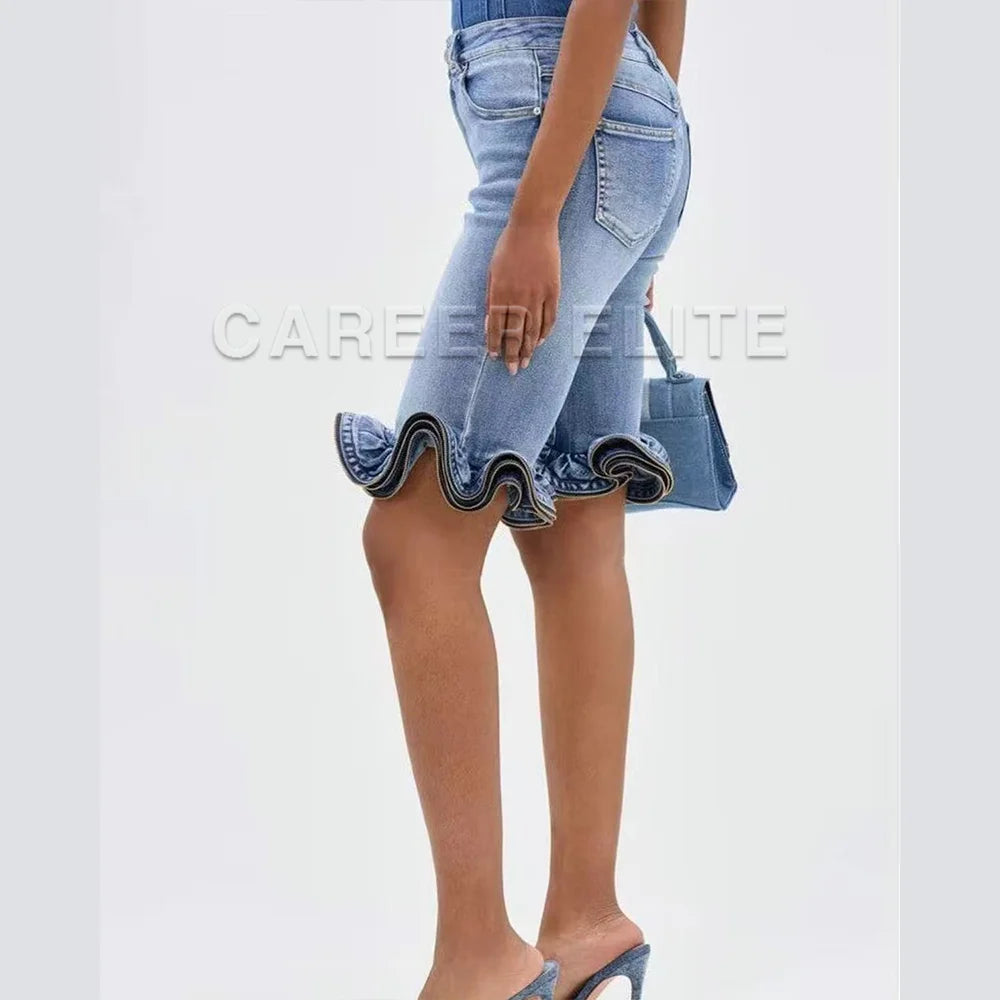Short Jean Taille Haute Ourlet Volanté Femme – Longueur Genou Stretch Streetwear