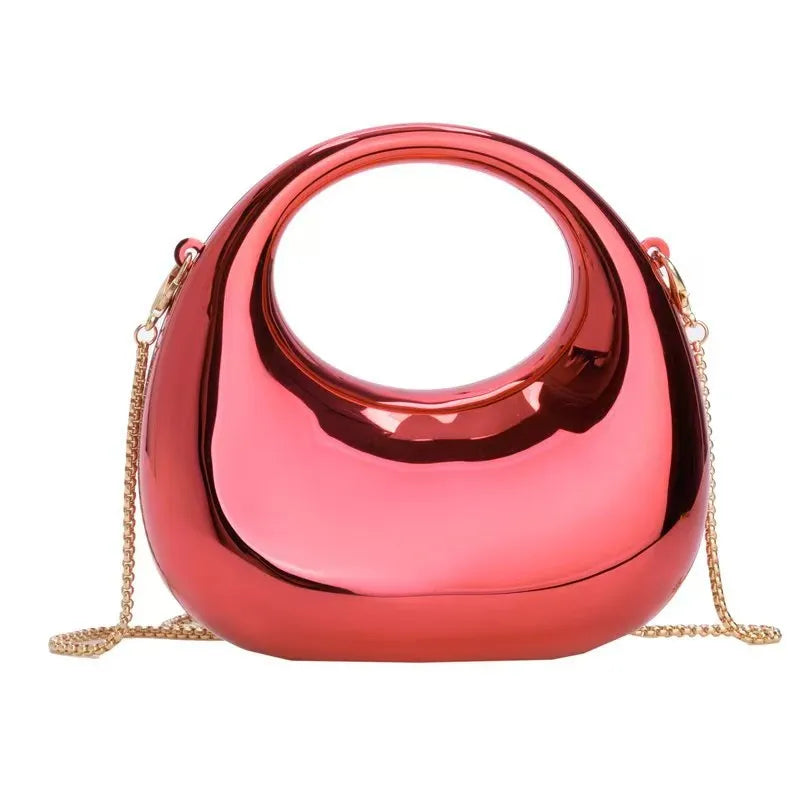 Mini Pochette Demi-Lune Métal Brillant — Clutch Soirée Chaîne Femme Style Diamant