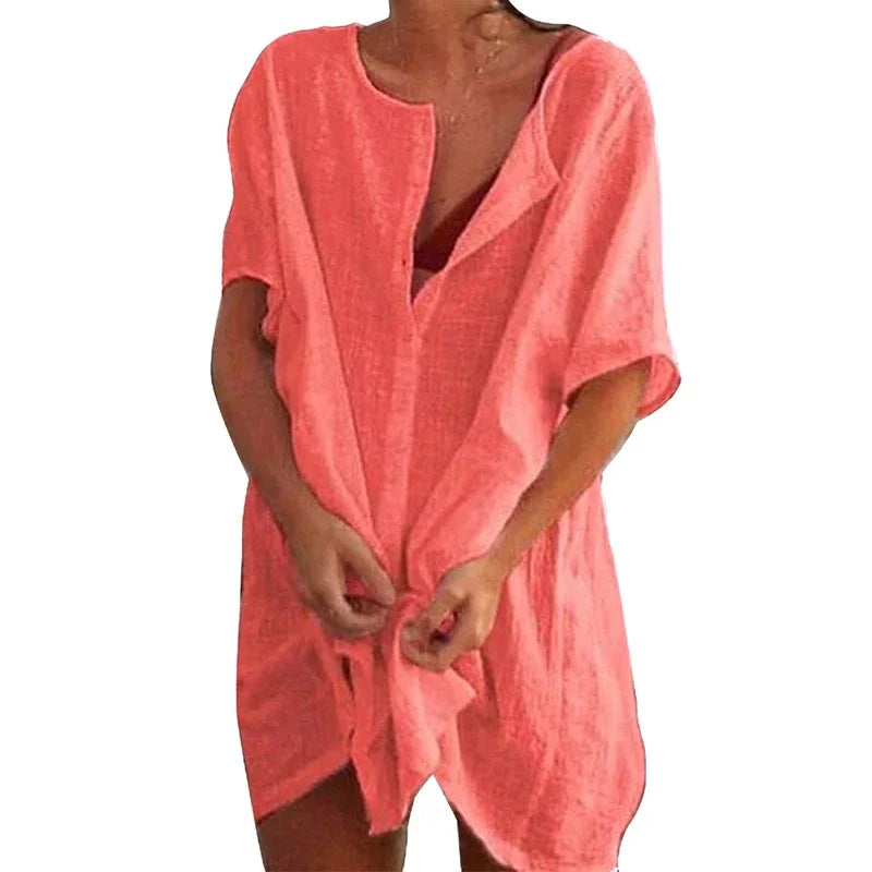 Chemise de Plage Coton Lin Longue — Blouse Cover-Up Casual Femme