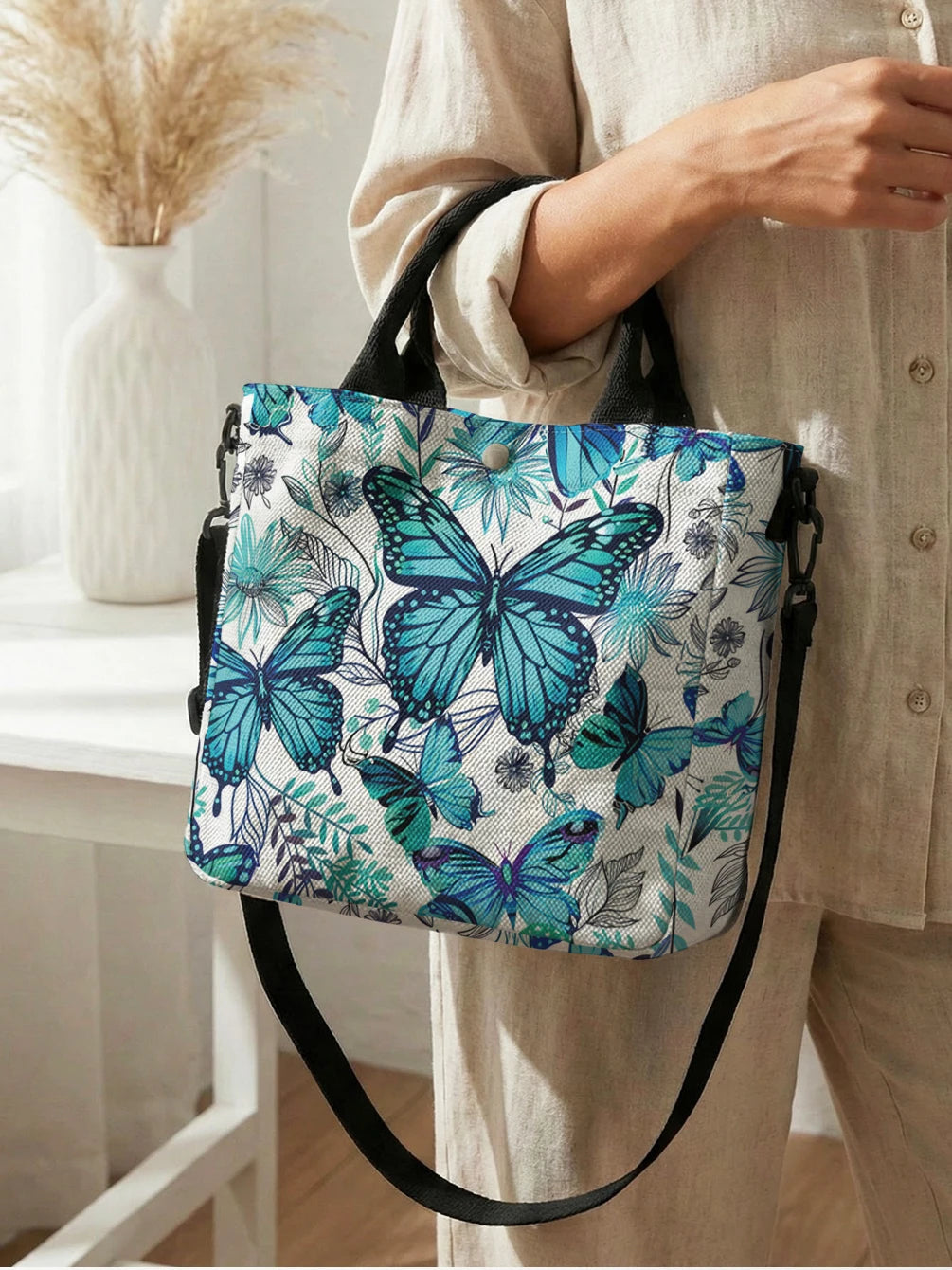 Tote Bag Papillons Turquoise & Marguerites — Sac Cabas Toile Femme Bandoulière Amovible