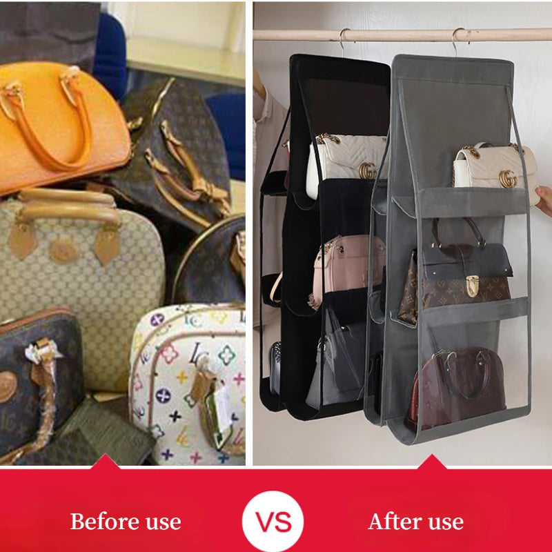 Organiseur Suspendu pour Sacs à Main – 6 ou 8 Pochettes Transparentes, Pliable