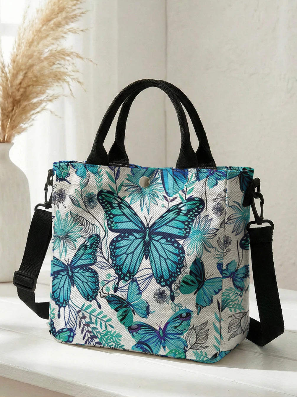 Tote Bag Papillons Turquoise & Marguerites — Sac Cabas Toile Femme Bandoulière Amovible