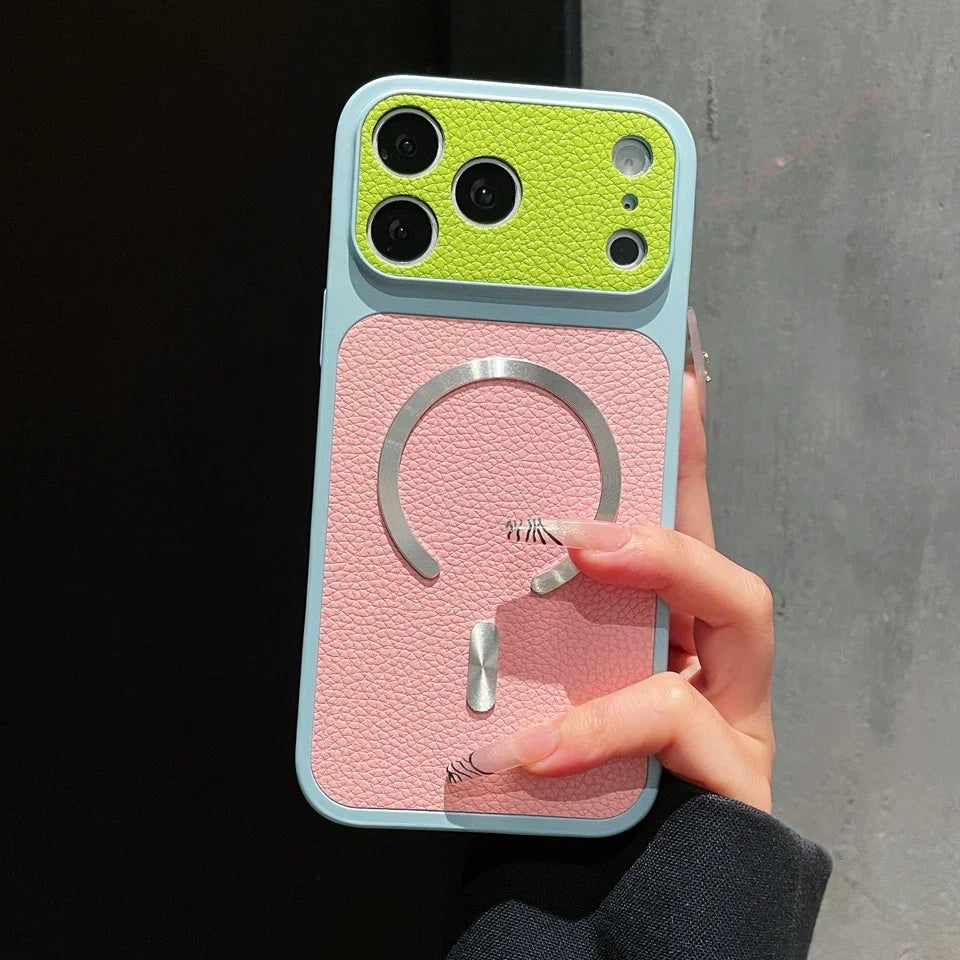 Coque Magnétique en Cuir pour iPhone — Compatible MagSafe, Toutes Séries (11 à 17 Pro Max)