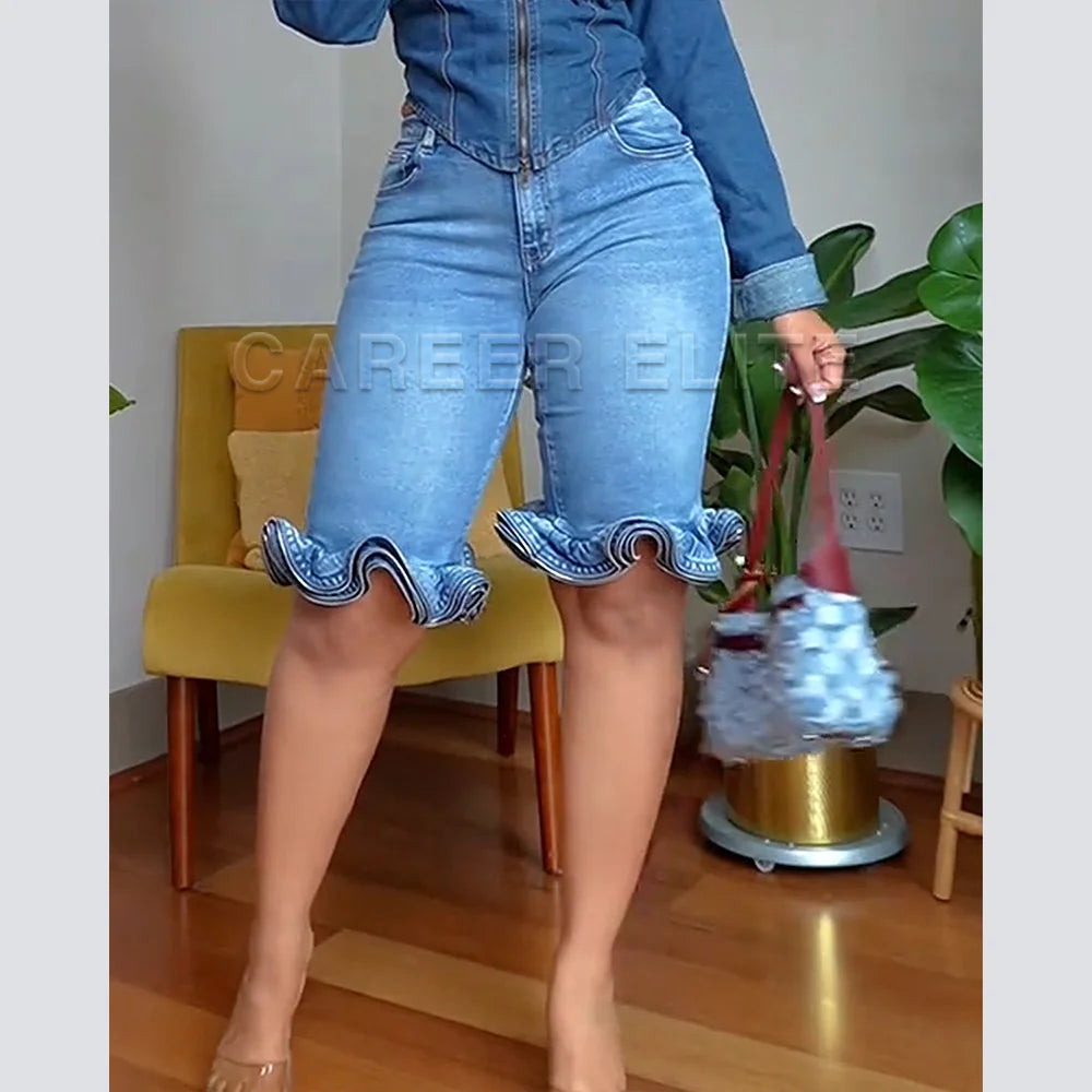 Short Jean Taille Haute Ourlet Volanté Femme – Longueur Genou Stretch Streetwear