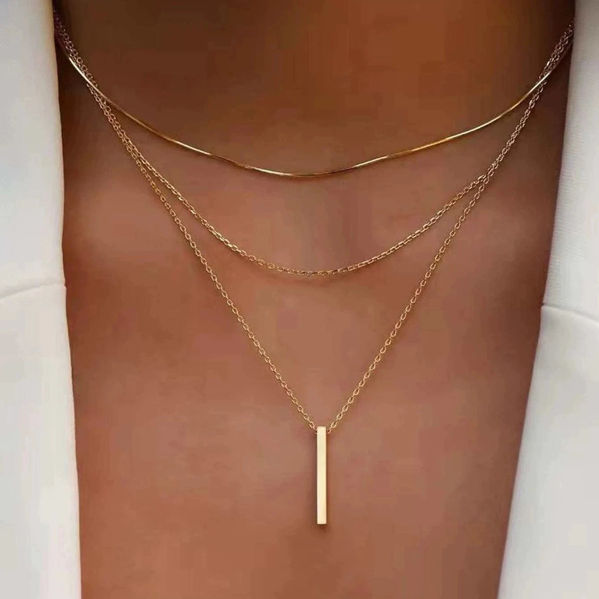 Collier Pendentif Barre Métal Doré — Chaîne Clavicule Femme Minimaliste
