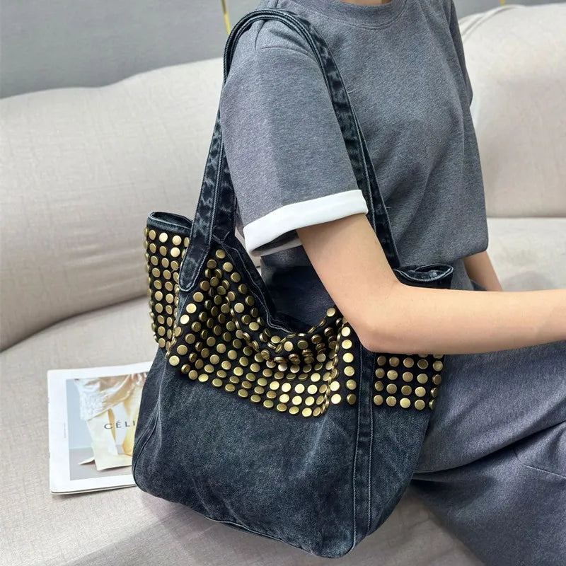 Sac Tote Denim Rivets Punk Grande Capacité — Sac À Main Femme Casual