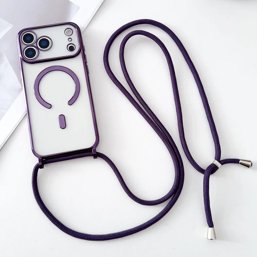 Coque Transparente Magnétique avec Lanière — iPhone 11 à 17 Pro Max, Compatible MagSafe
