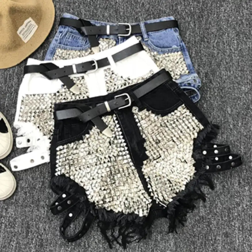 Short Jean Rivets & Franges Femme Taille Haute – Dénim Loose Été