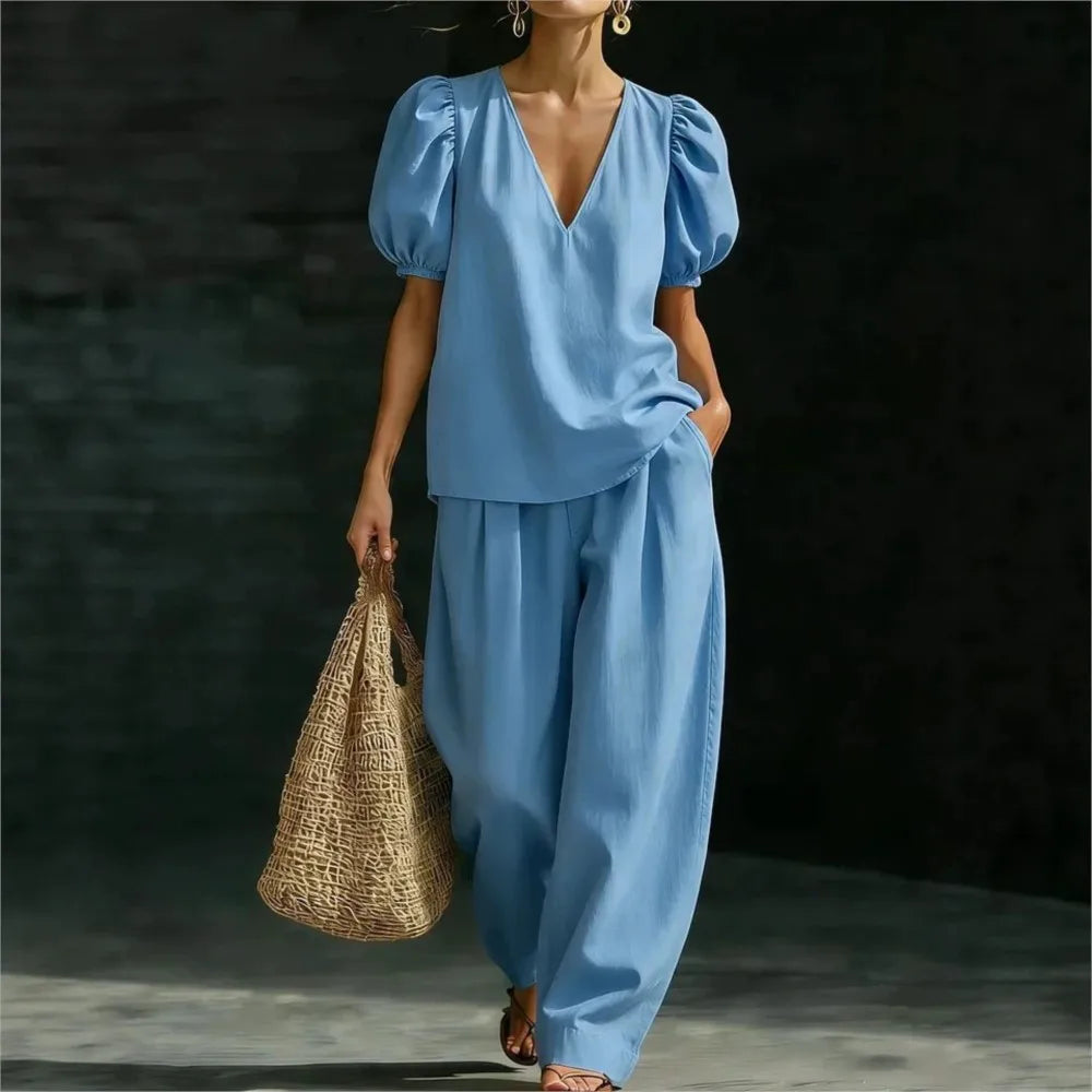 Ensemble 2 Pièces Femme — Top Col V Manches Bouffantes + Pantalon Large Taille Haute Poches