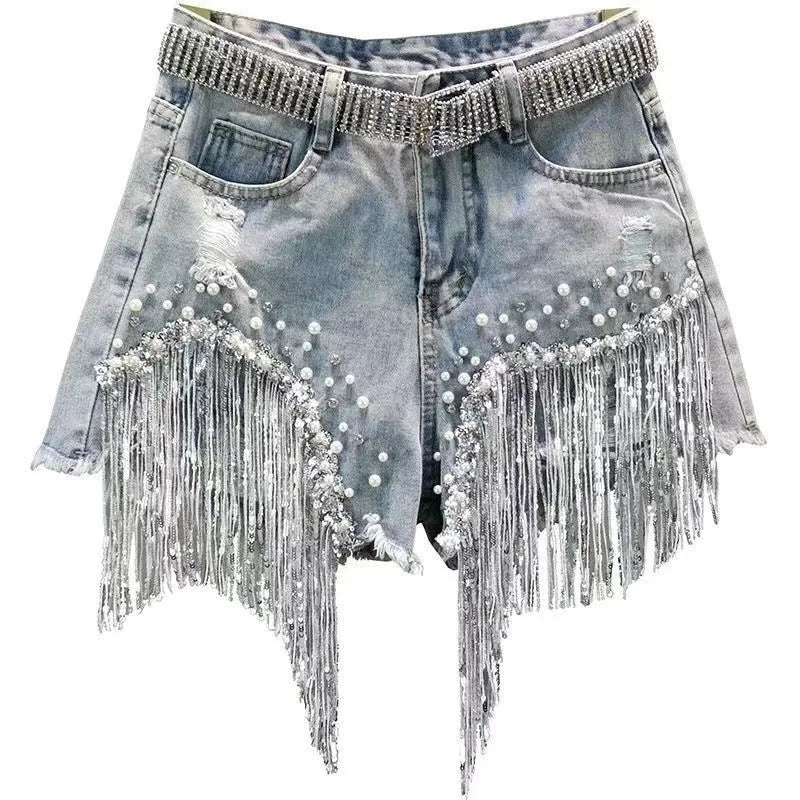 Short Jean Destroyé Femme – Ceinture Strass Franges Perles Style Streetwear