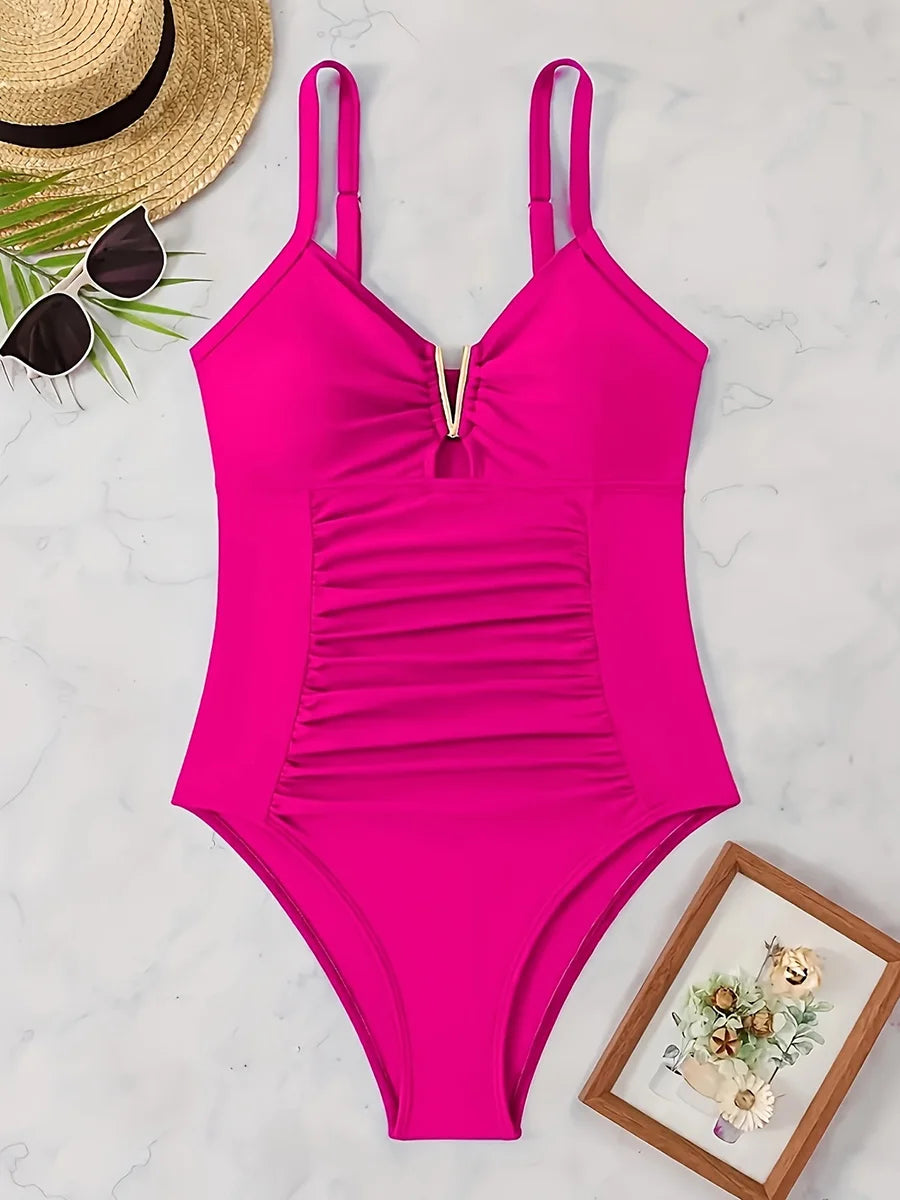 Maillot Une Pièce Col V Plissé High Cut 2026 — Bodysuit Slim Gainant Femme