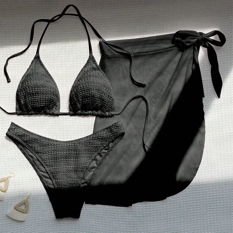 Bikini 3 Pièces Rose Col V Halter — Maillot de Bain Femme Plage