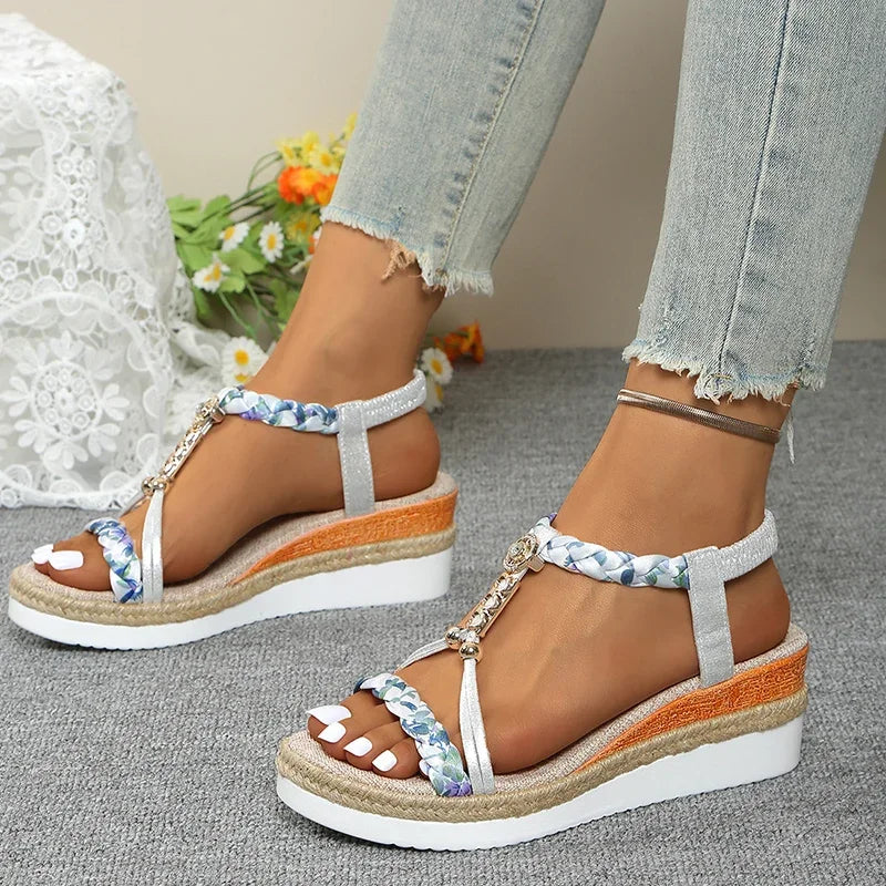 Sandales T-Strap Plateforme Wedge Femme — Talon 6cm Bicolore Or & Argent Été