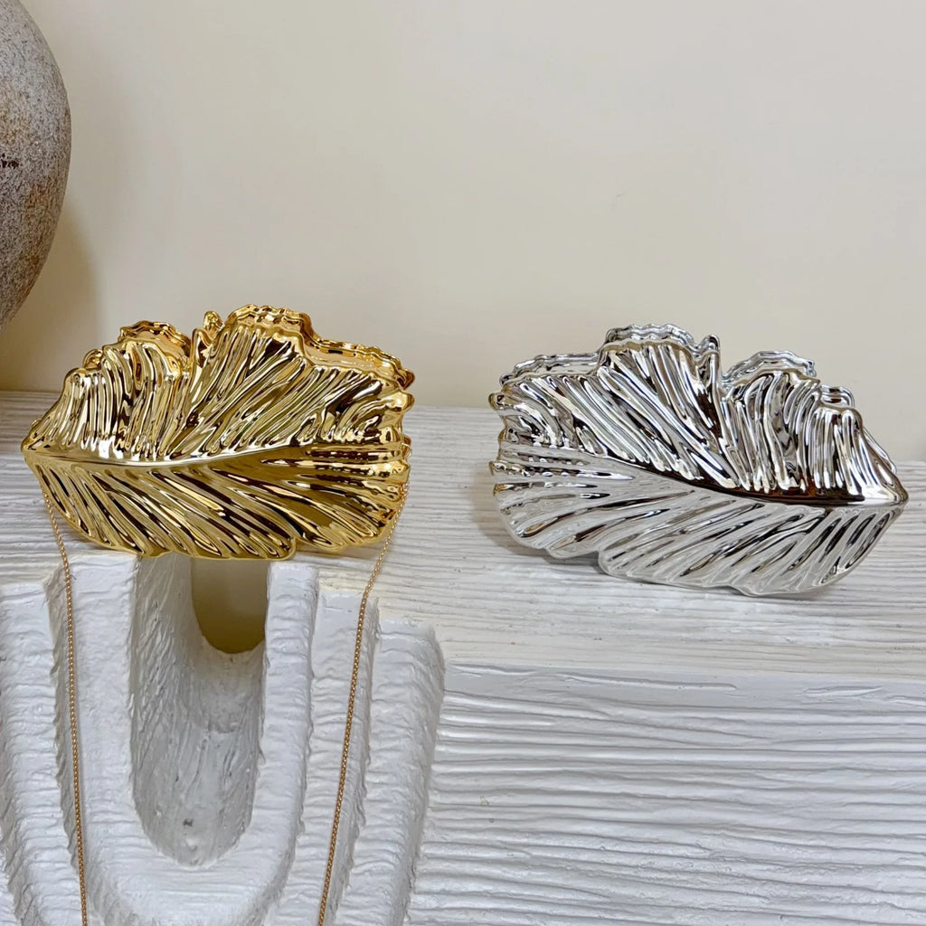 Pochette Soirée Luxe Feuilles Dorées — Clutch Acrylique Rigide Chaîne Femme