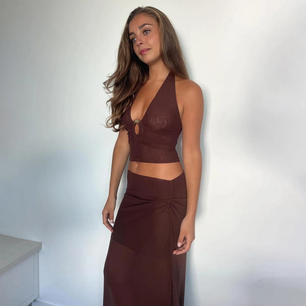 Maillot de Bain Deep V avec Jupe Longue — Ensemble 2 Pièces Femme