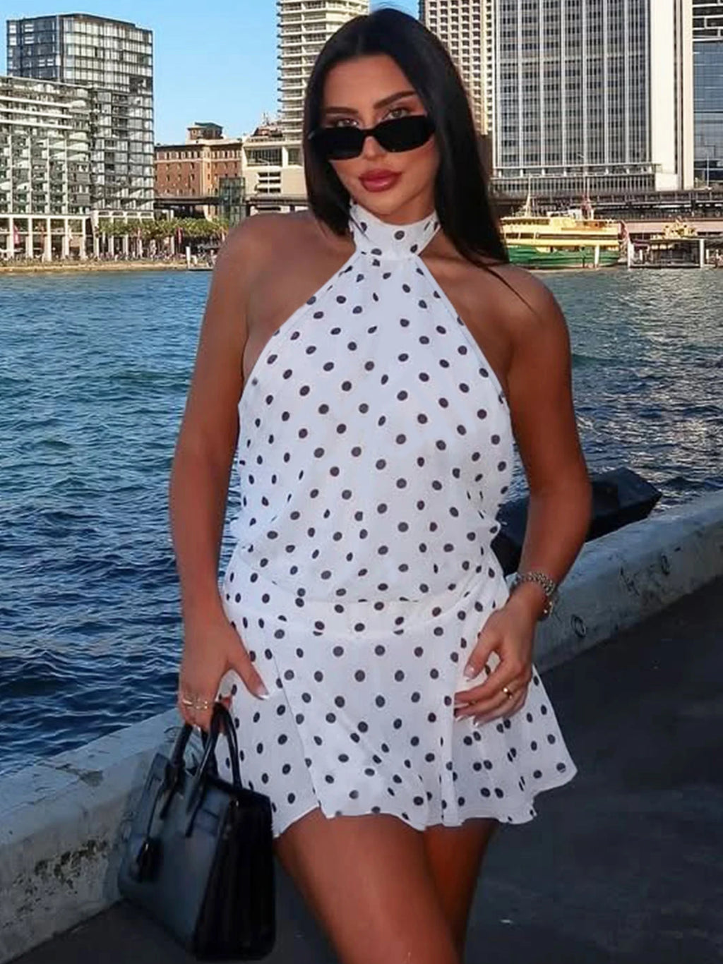 Robe Mini Bandage À Pois Halter Dos Nu — Robe Slim Sexy Femme Été
