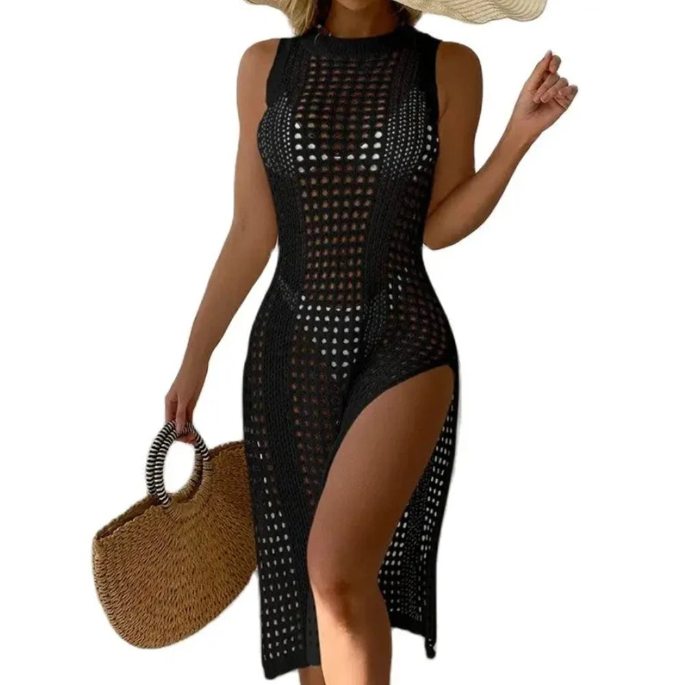 Robe Crochet Cover-Up Fente Latérale — Robe de Plage Sans Manches Femme