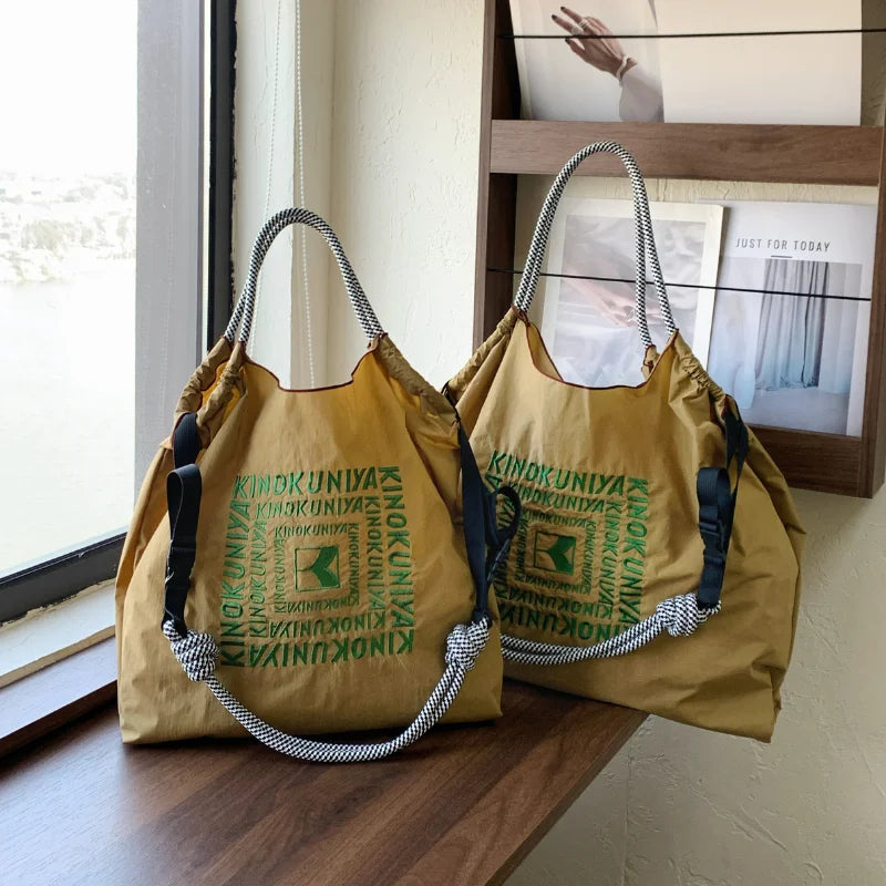 Sac Épaule Nylon Brodé Pliable — Tote Bag Femme Léger & Multifonction