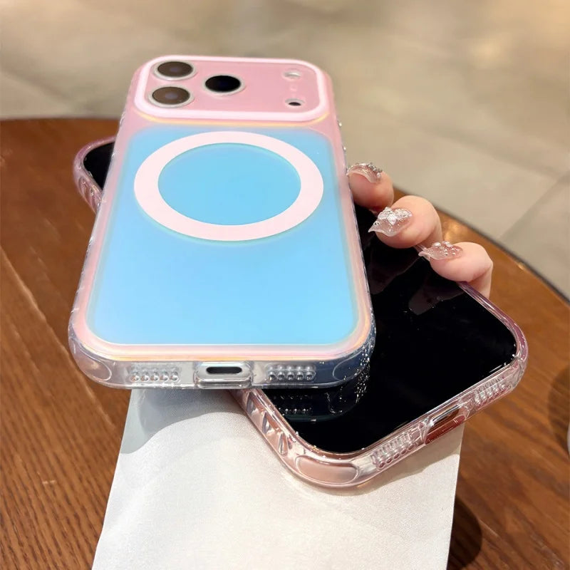 Coque Aurora Laser Gradient MagSafe — iPhone 15 à 17 Pro Max, Candy Color, Chargement Sans Fil