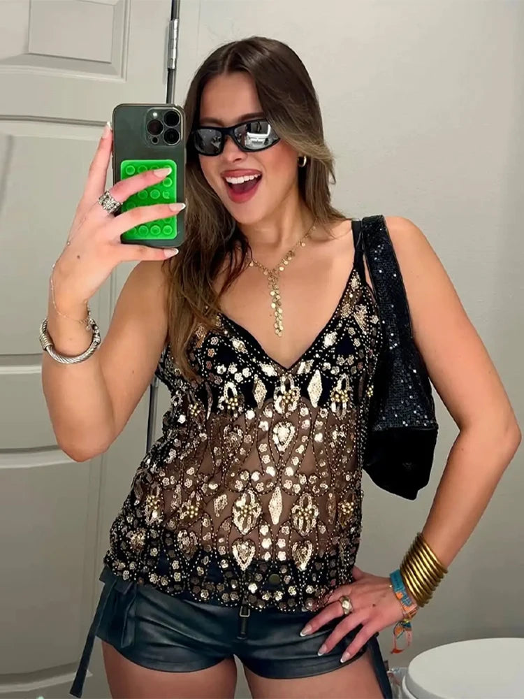 Top Sequins Camisole Dos Nu Brillant — Haut Paillettes Plissé Femme