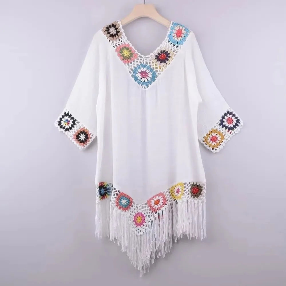 Robe Cover-Up Plage à Franges Crochet Ajourné — Col V Casual Femme