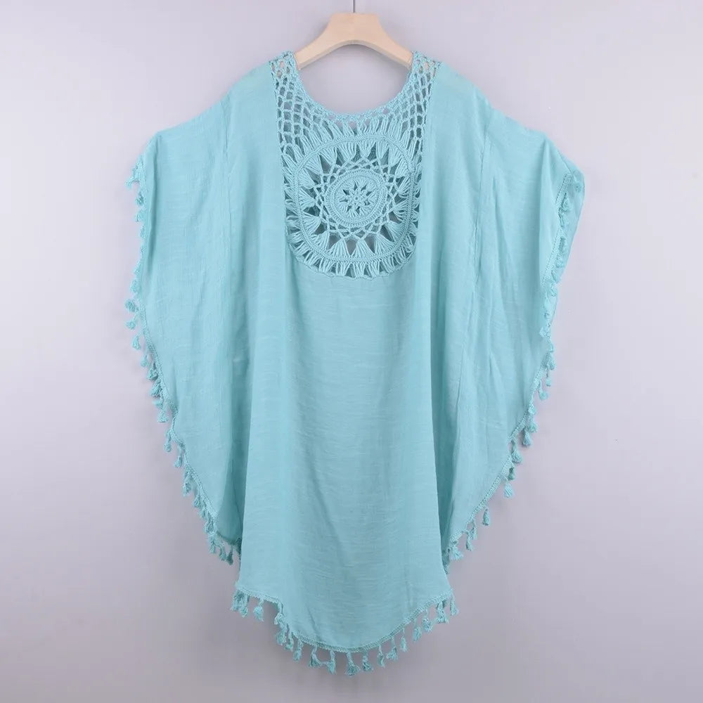 Tunique Cover-Up Plage Tricot Ajourné à Franges — Motif Tournesol Grande Taille Femme