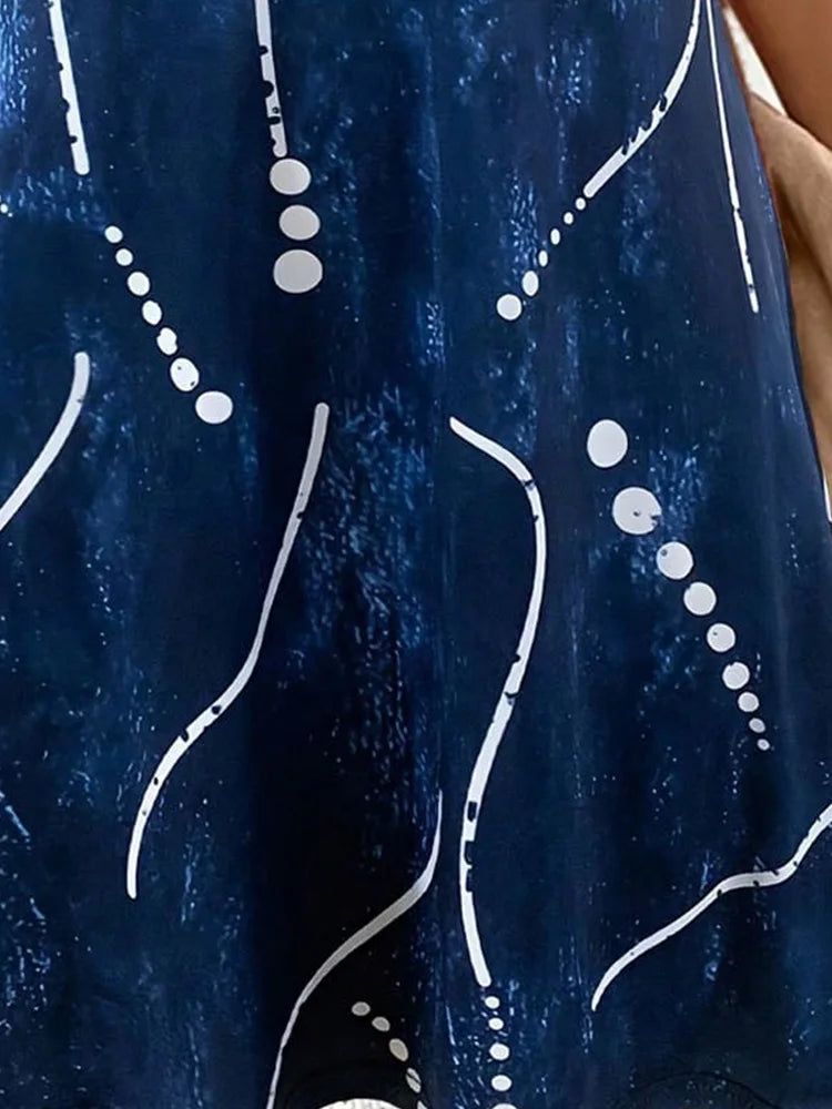 Robe Été Imprimé Abstrait Bleu — Robe Fluide Bretelles Femme Vacances