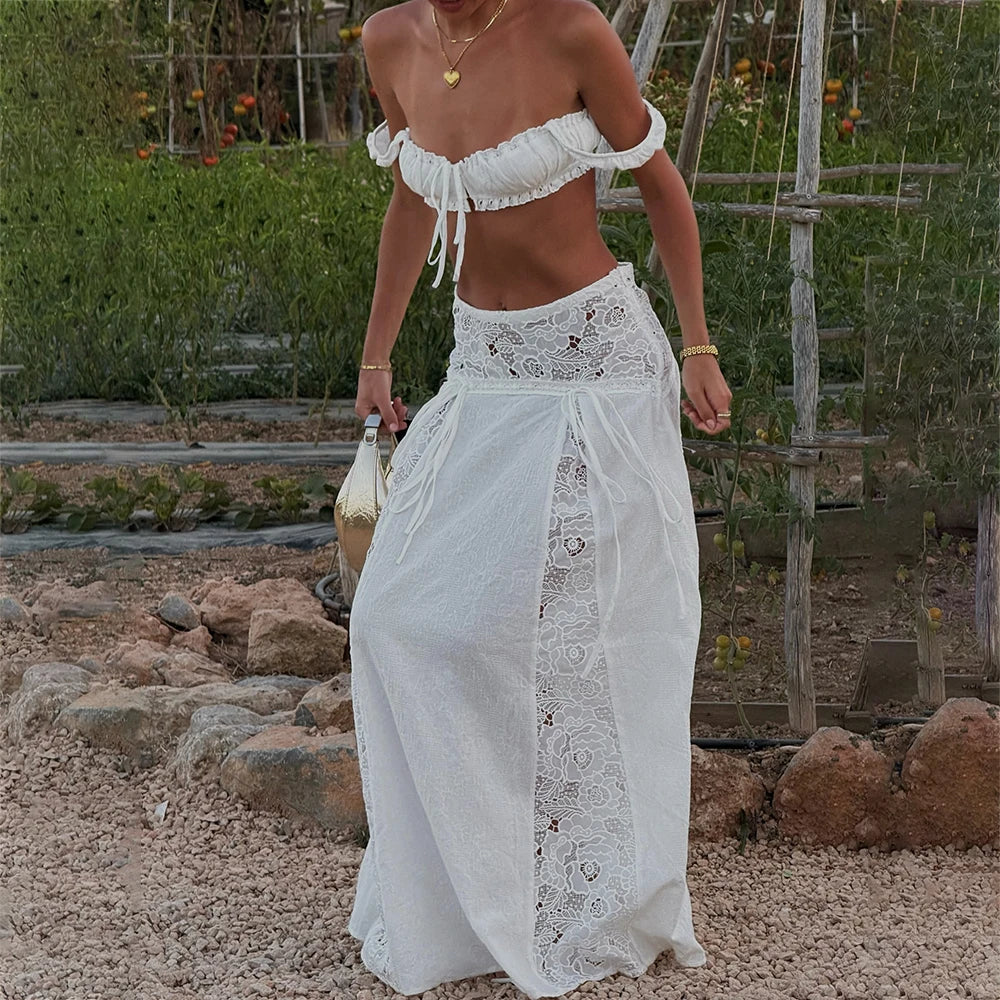 Ensemble 2 Pièces Femme Boho Vintage — Top Crop Dentelle Col Carré + Jupe Longue