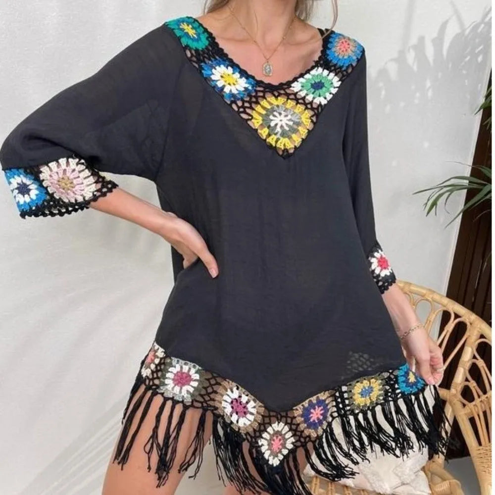 Robe Cover-Up Plage à Franges Crochet Ajourné — Col V Casual Femme