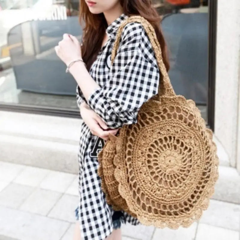 Sac Tote Paille Rond Tressé — Grand Sac de Plage Fait Main Femme Été