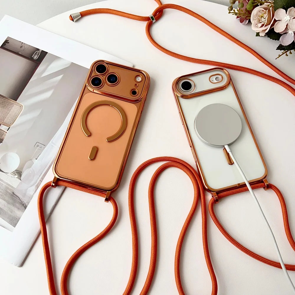 Coque Transparente Magnétique avec Lanière — iPhone 11 à 17 Pro Max, Compatible MagSafe