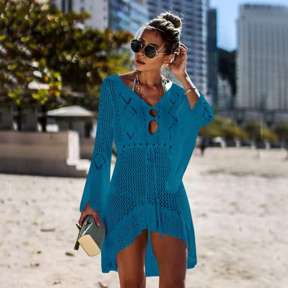 Chemise Cover-Up Plage Tricot Ajourné Col V — Protection Solaire Casual Femme