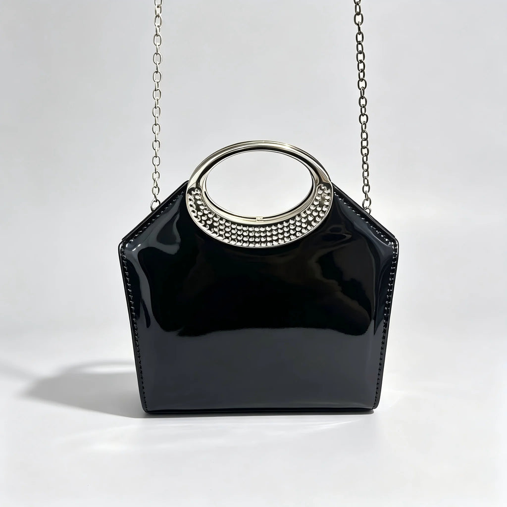 Pochette Soirée Cuir Verni — Clutch Anneau Strass Anse Métal Chaîne Femme