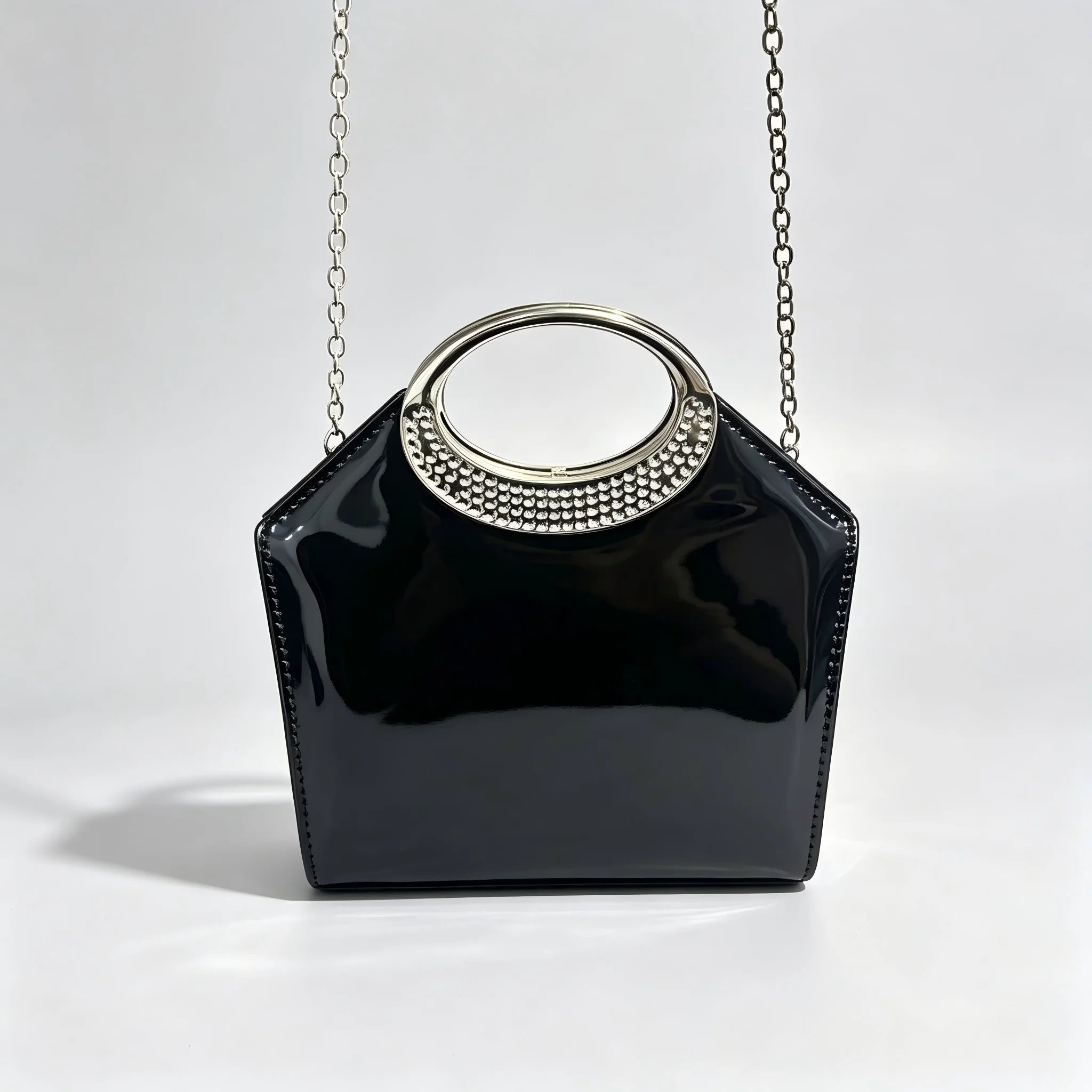 Pochette Soirée Cuir Verni — Clutch Anneau Strass Anse Métal Chaîne Femme