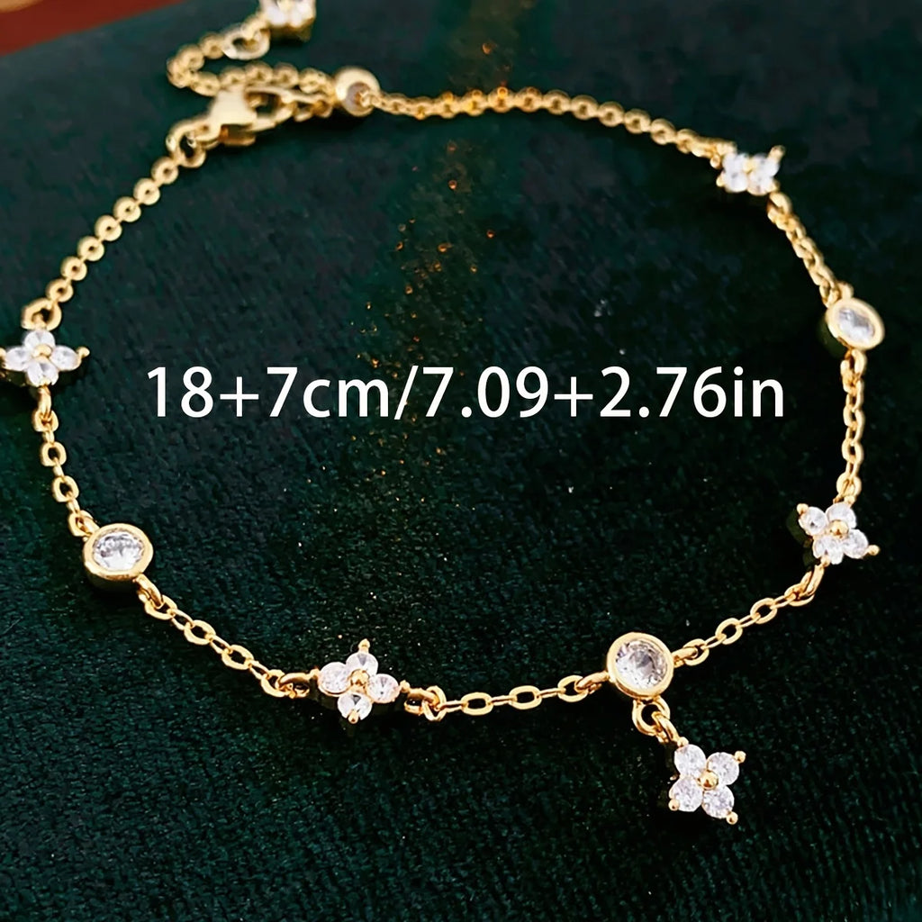 Bracelet de Cheville Trèfle Porte-Bonheur Argent 925 Zircon Femme — Bijou Pied Été