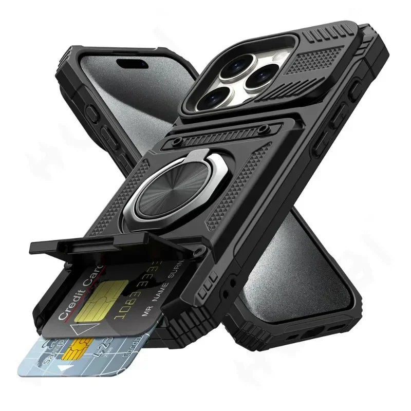Étui Portefeuille Anneau Magnétique 360° – Compatible iPhone 11 à 16 Pro Max