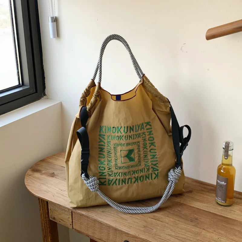 Sac Épaule Nylon Brodé Pliable — Tote Bag Femme Léger & Multifonction