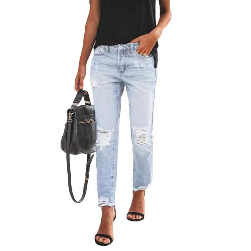 Jean Slim Destroyé Femme Taille Haute – Coupe Droite Bureau & Casual
