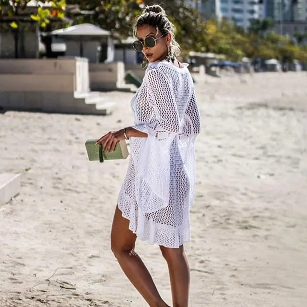 Chemise Cover-Up Plage Tricot Ajourné Col V — Protection Solaire Casual Femme