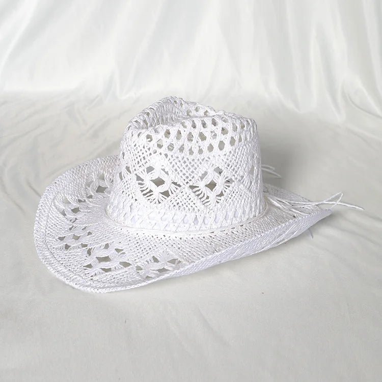 Chapeau de Cowboy Tendance Ajouré — Fait Main en Paille, Style Boho Plage Unisexe