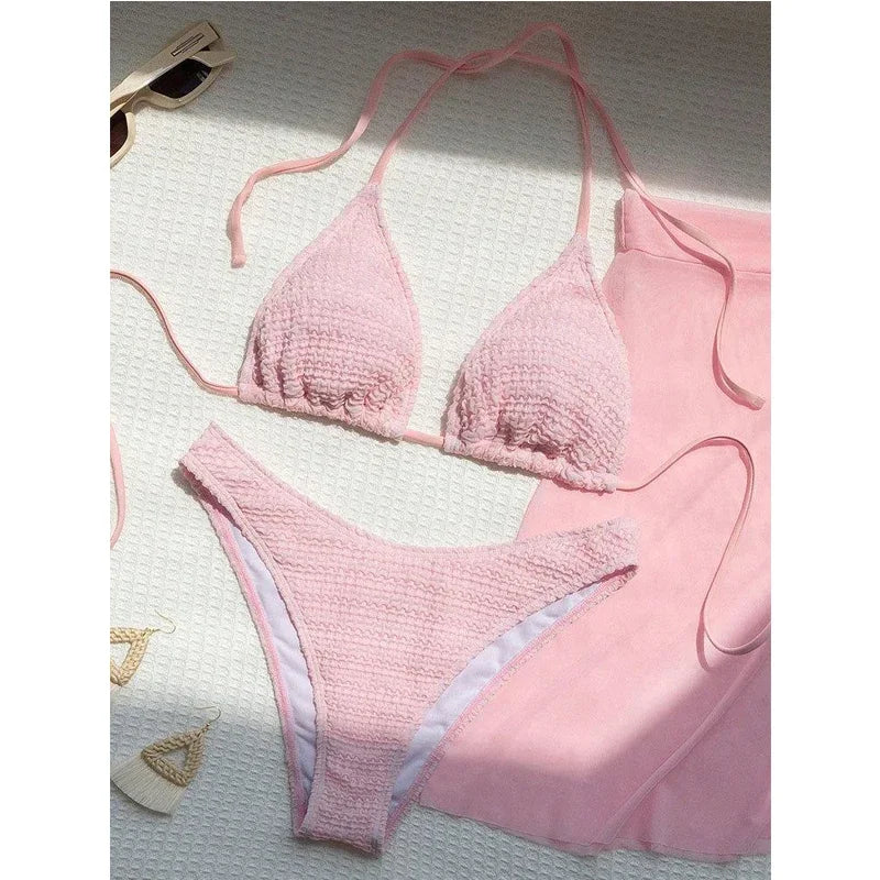Bikini 3 Pièces Rose Col V Halter — Maillot de Bain Femme Plage