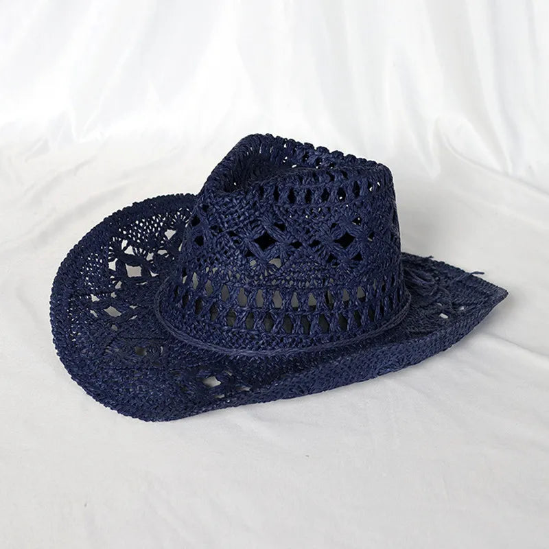 Chapeau de Cowboy Tendance Ajouré — Fait Main en Paille, Style Boho Plage Unisexe