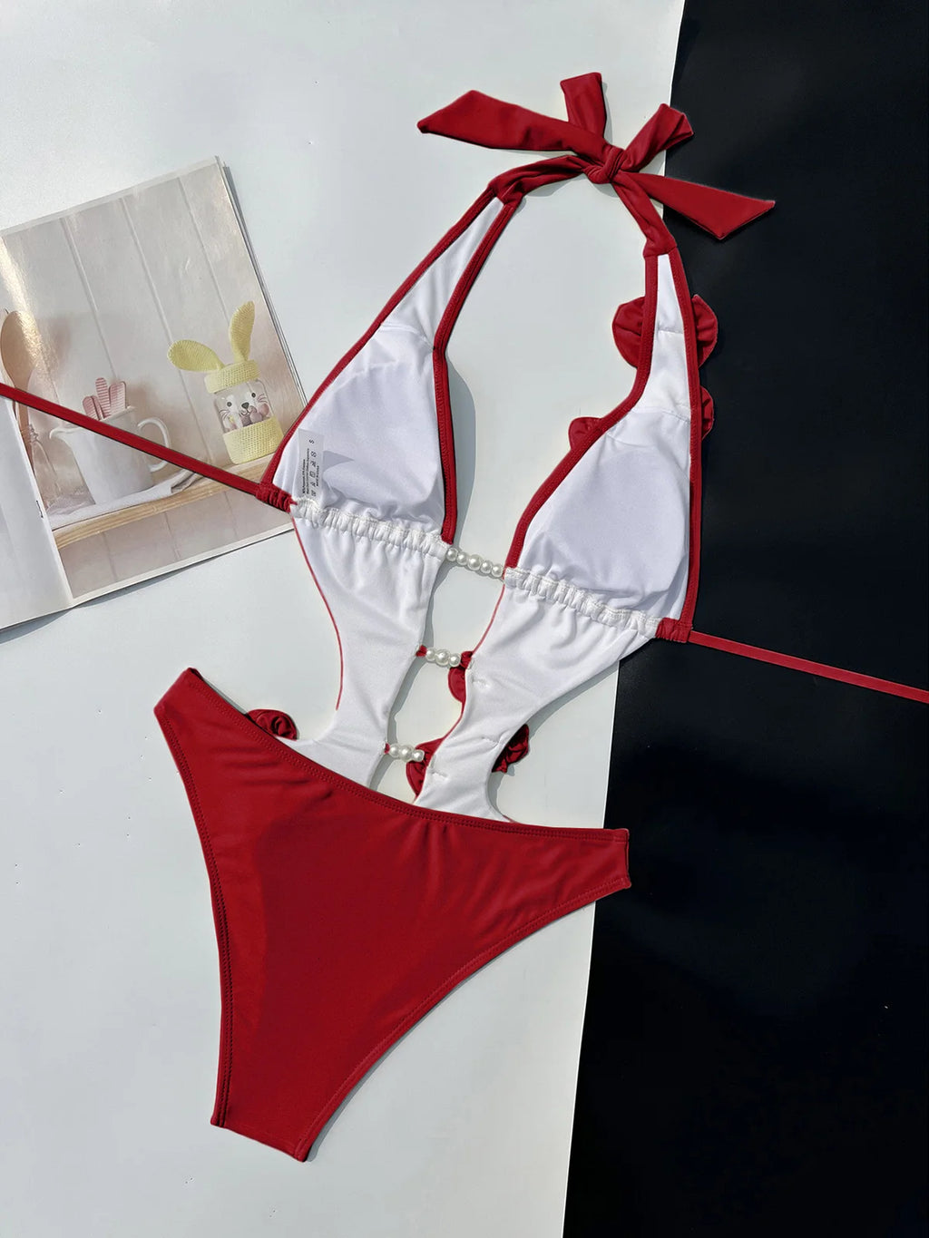 Pink Red Bather Bathing Suit Swim 3D Flower Deep V Neck One Piece Swimsuit Women Swimwear Female High Cut Leg Monokini V6986P